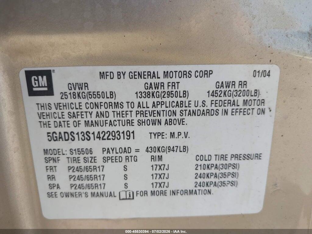 5GADS13S142293191 2004 BUICK RAINIER photo no. 9