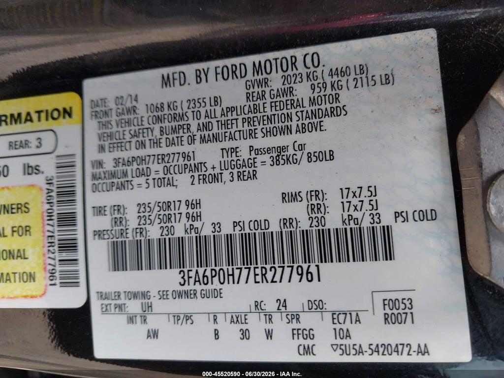 3FA6P0H77ER277961 2014 FORD FUSION photo no. 9