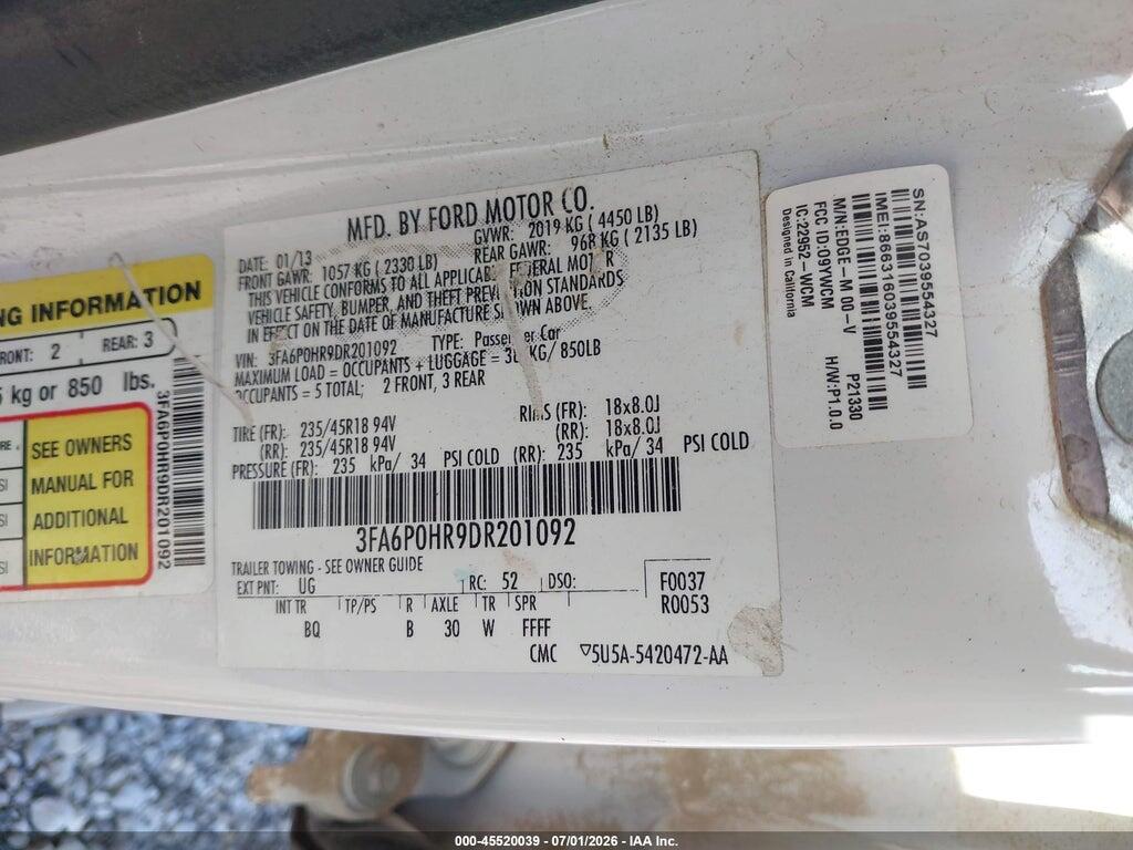 3FA6P0HR9DR201092 2013 FORD FUSION photo no. 9