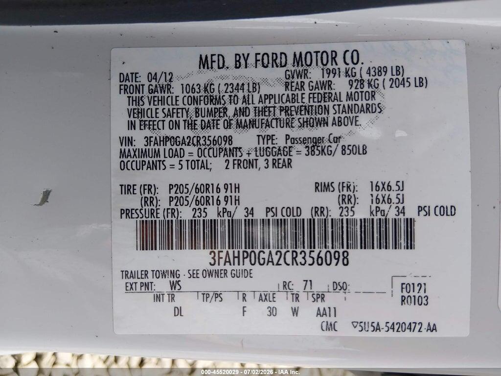3FAHP0GA2CR356098 2012 FORD FUSION photo no. 9