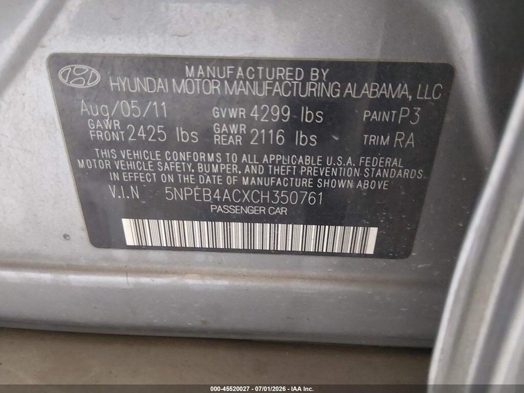 5NPEB4ACXCH350761 2012 HYUNDAI SONATA photo no. 9