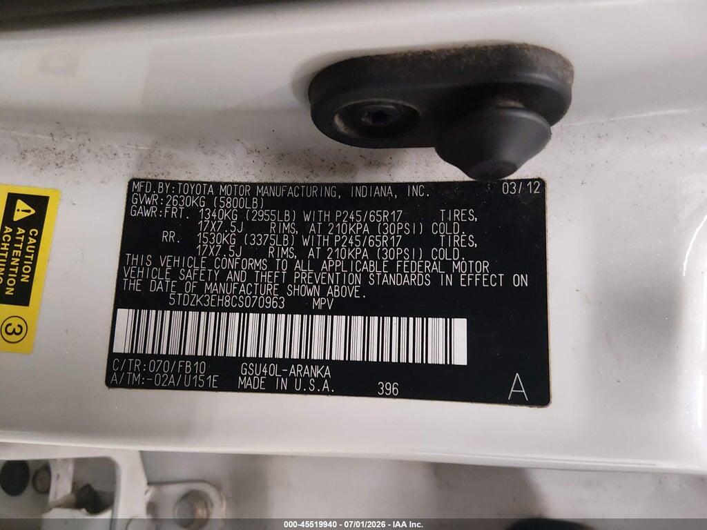 5TDZK3EH8CS070963 2012 TOYOTA HIGHLANDER photo no. 9