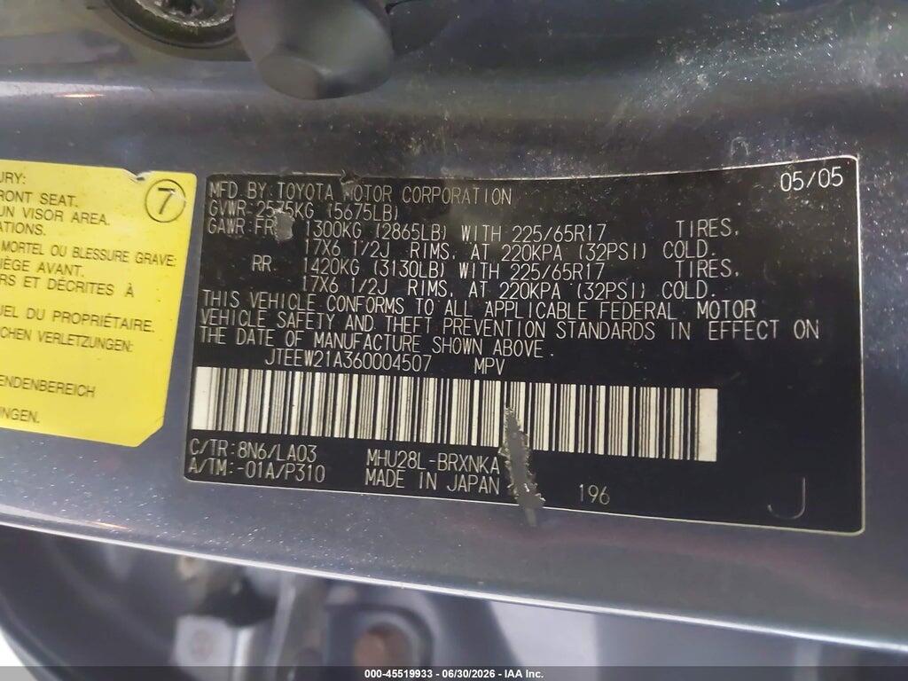 JTEEW21A360004507 2006 TOYOTA HIGHLANDER HYBRID photo no. 9