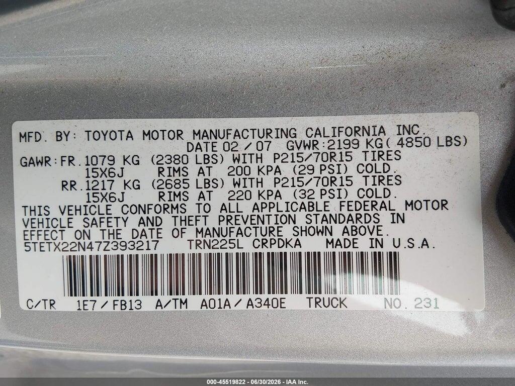 5TETX22N47Z393217 2007 TOYOTA TACOMA photo no. 9