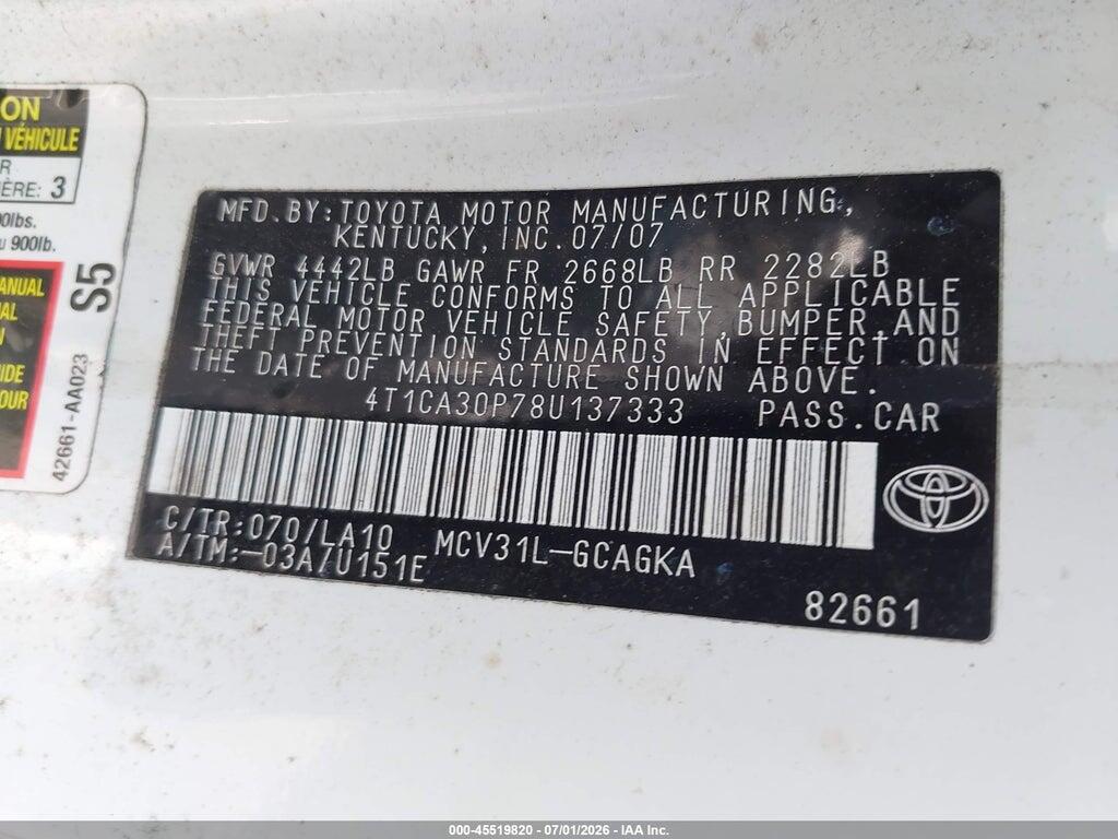 4T1CA30P78U137333 2008 TOYOTA CAMRY SOLARA photo no. 9