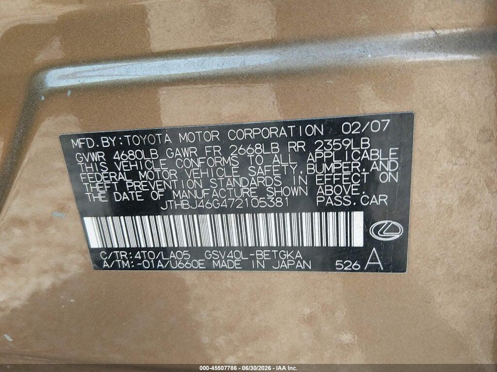 JTHBJ46G472105381 2007 LEXUS ES 350 photo no. 9