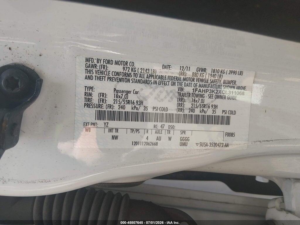 1FAHP3K2XCL311068 2012 FORD FOCUS photo no. 9