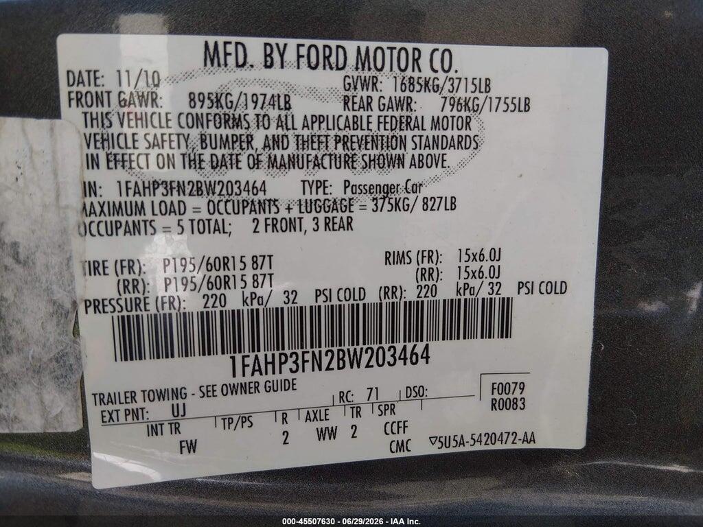 1FAHP3FN2BW203464 2011 FORD FOCUS photo no. 9