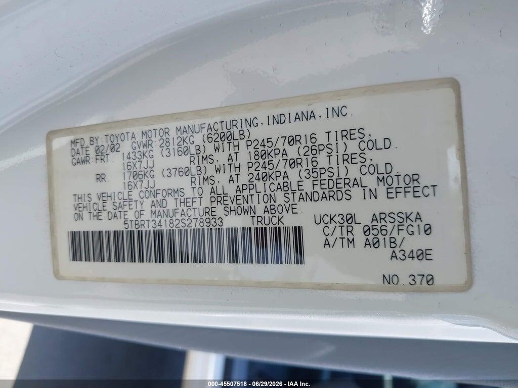 5TBRT34182S278933 2002 TOYOTA TUNDRA photo no. 9