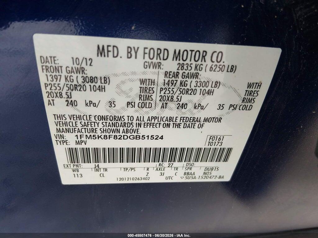 1FM5K8F82DGB51524 2013 FORD EXPLORER photo no. 9