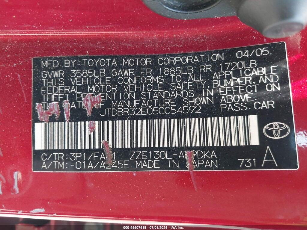 JTDBR32E050054592 2005 TOYOTA COROLLA photo no. 9
