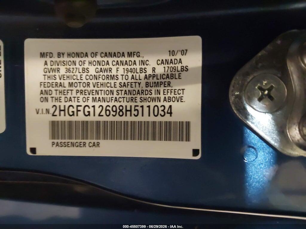 2HGFG12698H511034 2008 HONDA CIVIC photo no. 9