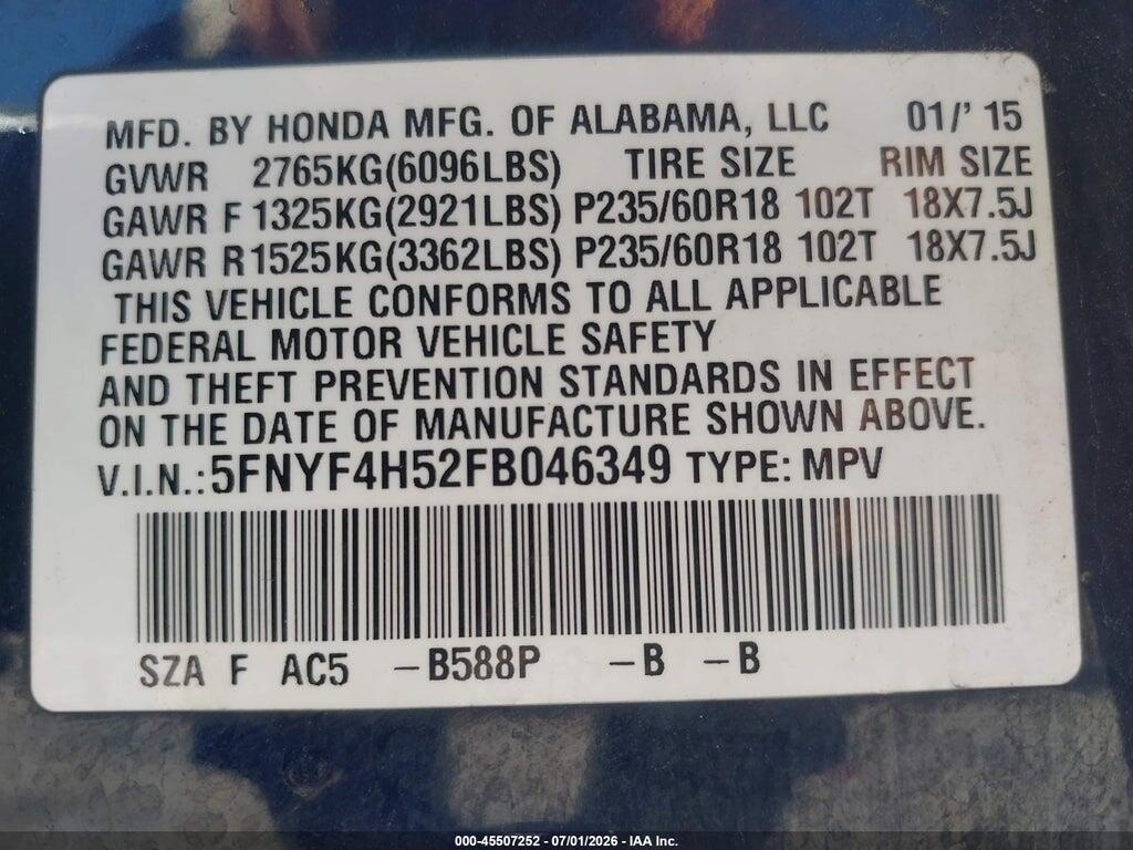 5FNYF4H52FB046349 2015 HONDA PILOT photo no. 9