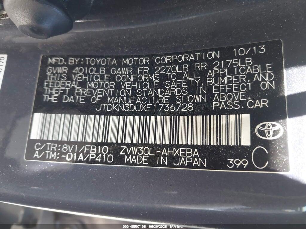 JTDKN3DUXE1736728 2014 TOYOTA PRIUS photo no. 9