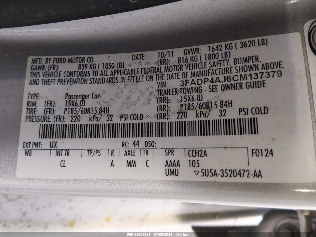 3FADP4AJ6CM137379 2012 FORD FIESTA photo no. 9