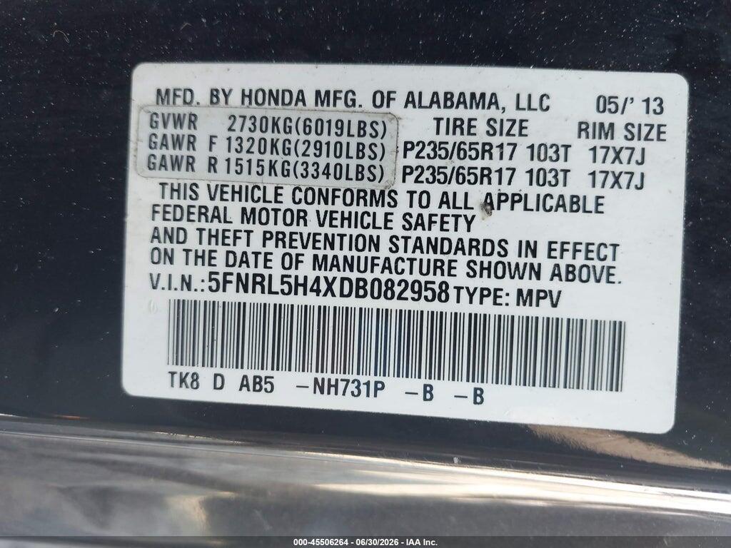 5FNRL5H4XDB082958 2013 HONDA ODYSSEY photo no. 9
