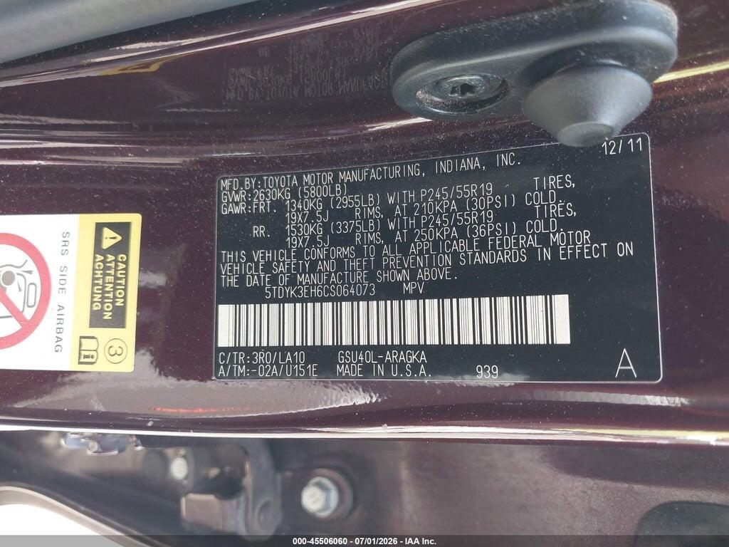 5TDYK3EH6CS064073 2012 TOYOTA HIGHLANDER photo no. 9