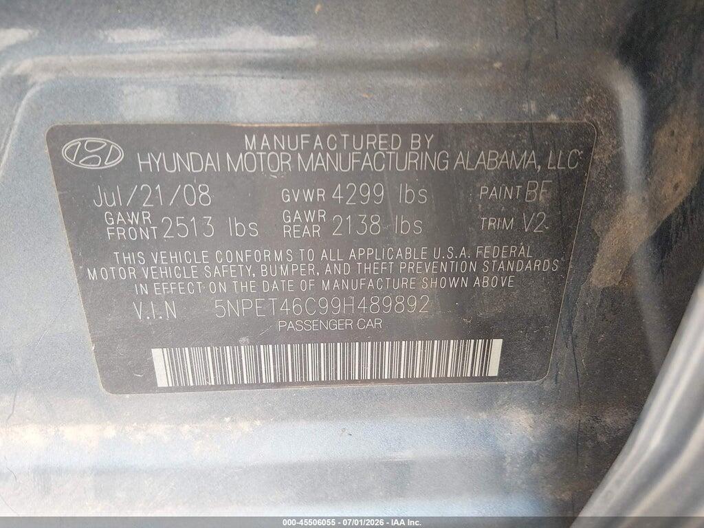 5NPET46C99H489892 2009 HYUNDAI SONATA photo no. 9