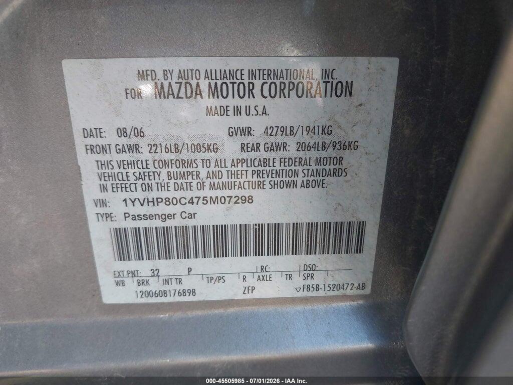 1YVHP80C475M07298 2007 MAZDA MAZDA6 photo no. 9