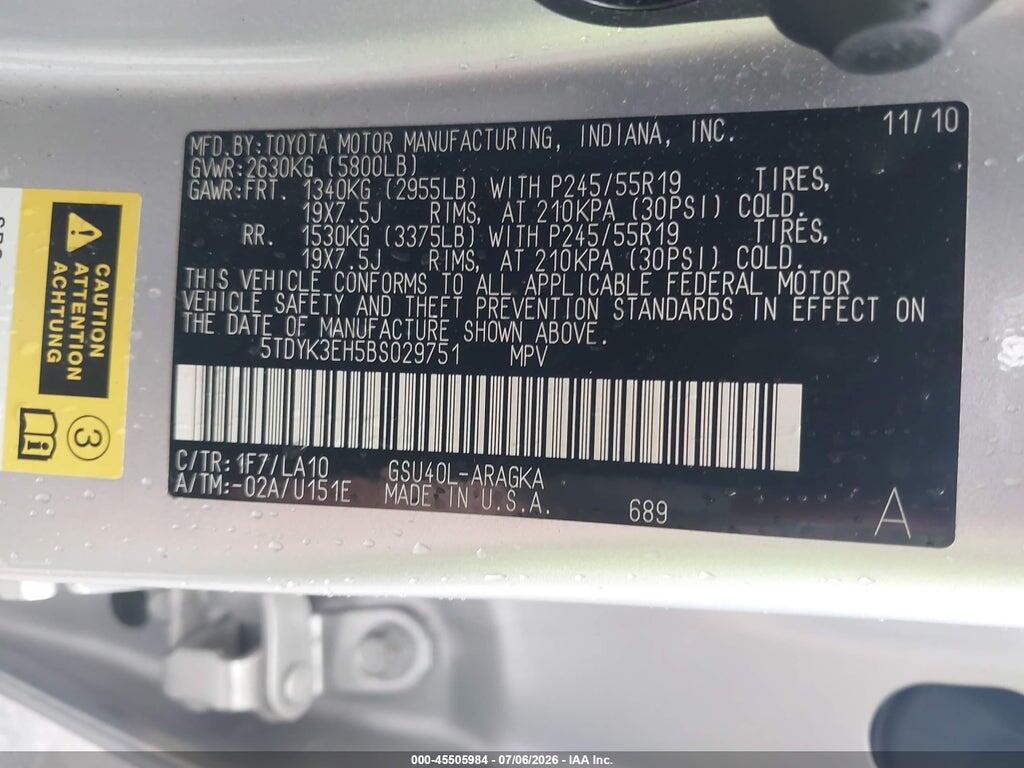5TDYK3EH5BS029751 2011 TOYOTA HIGHLANDER photo no. 9