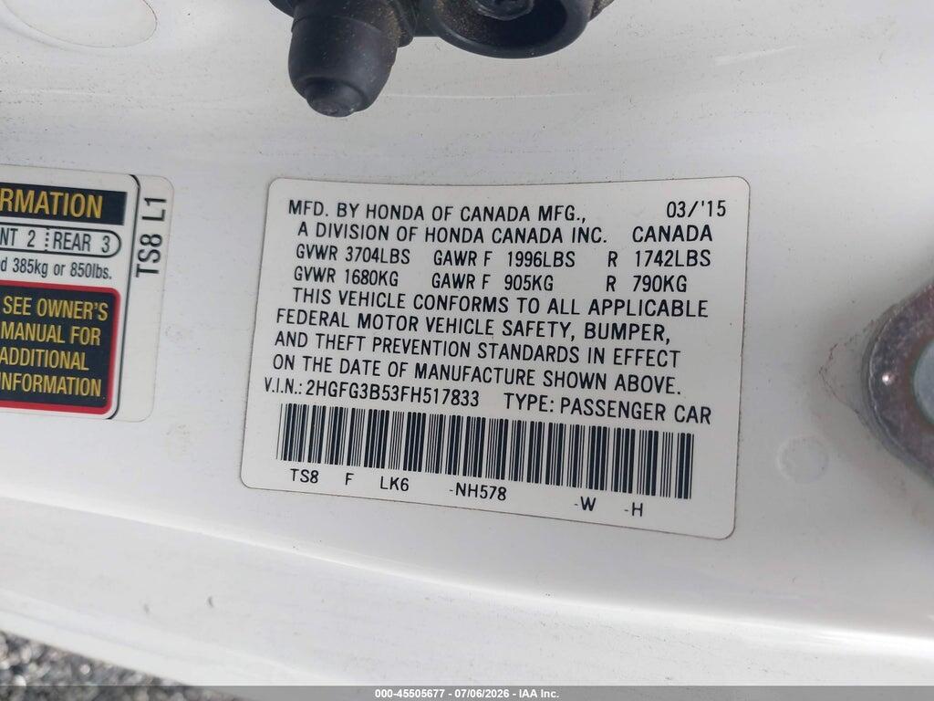 2HGFG3B53FH517833 2015 HONDA CIVIC photo no. 9