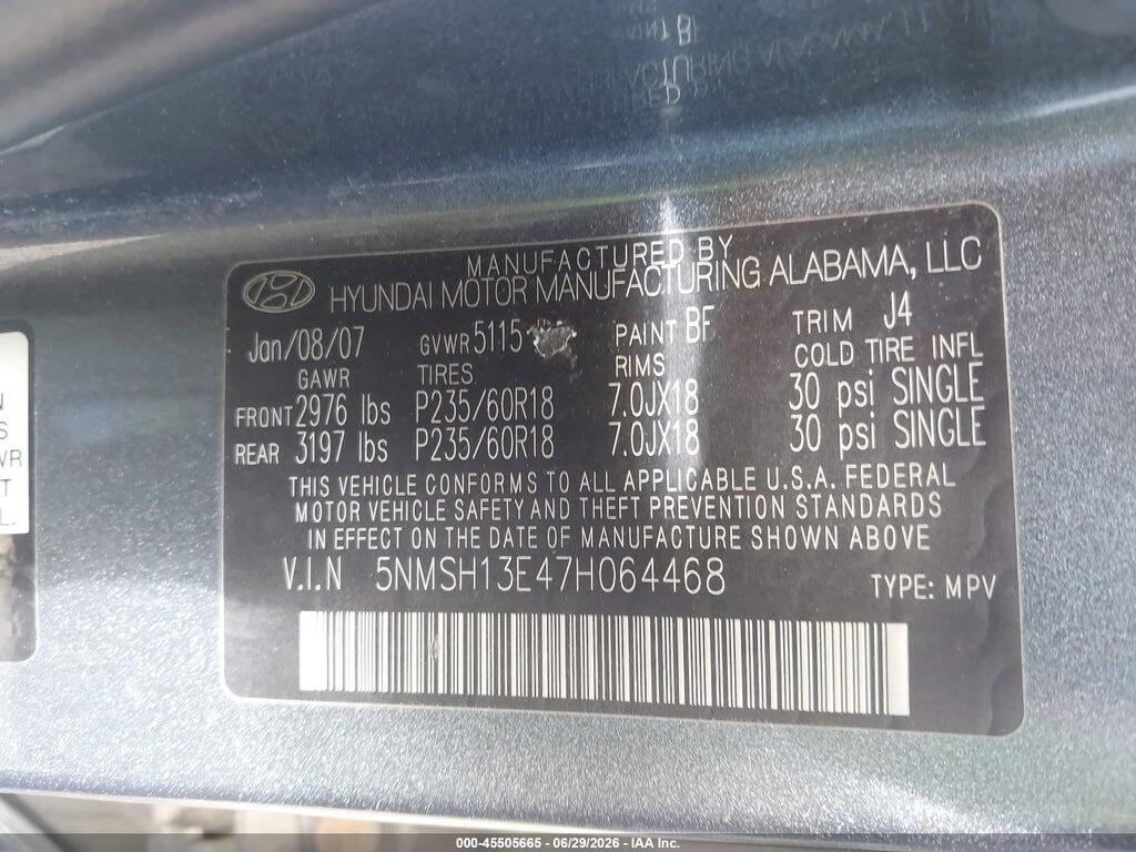 5NMSH13E47H064468 2007 HYUNDAI SANTA FE photo no. 9
