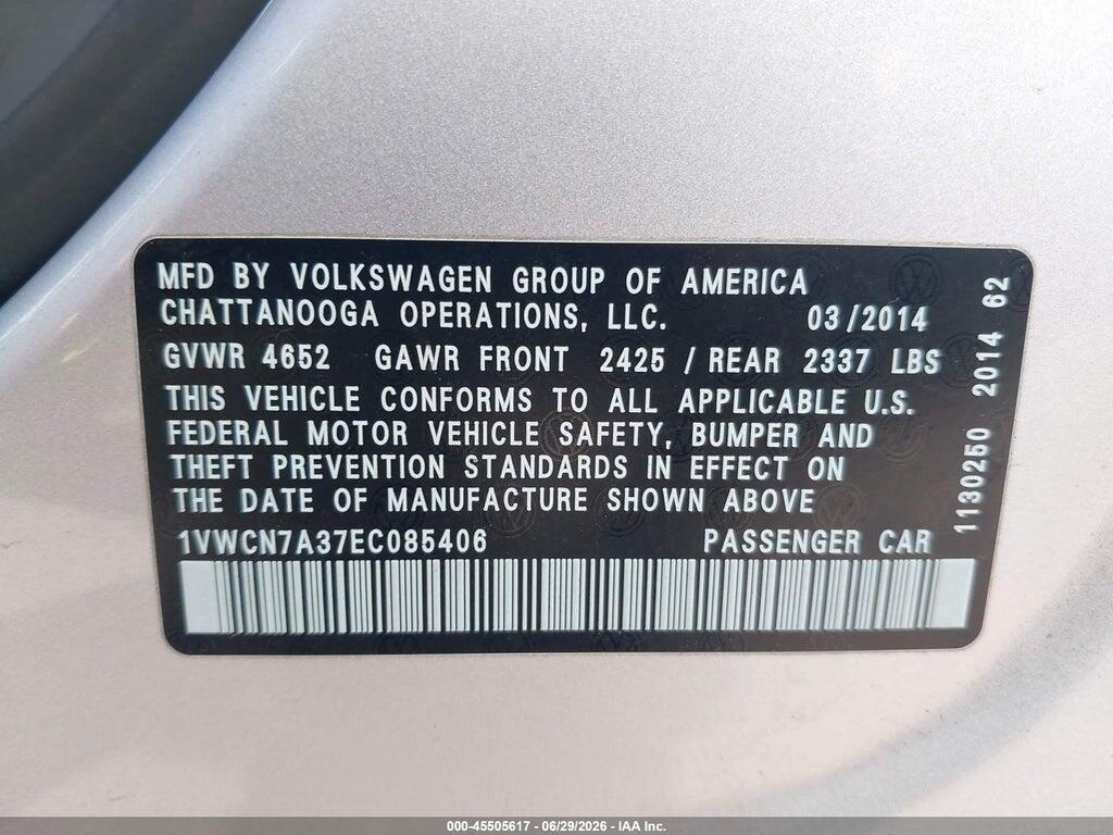 1VWCN7A37EC085406 2014 VOLKSWAGEN PASSAT photo no. 9