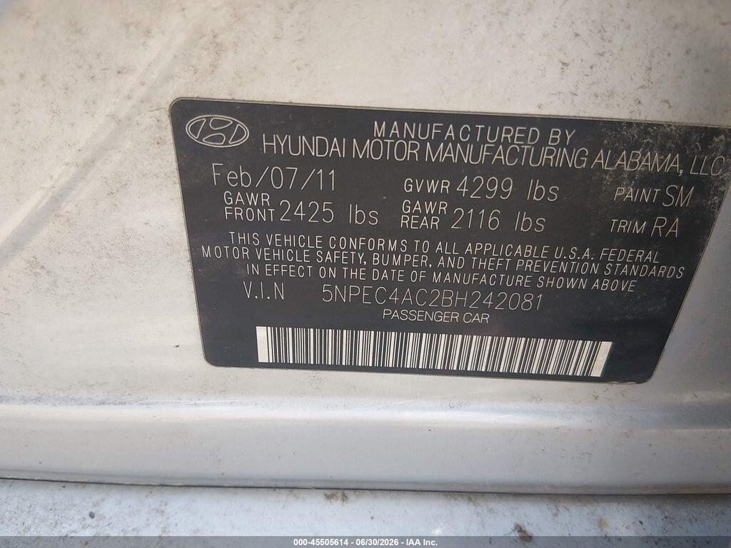 5NPEC4AC2BH242081 2011 HYUNDAI SONATA photo no. 9