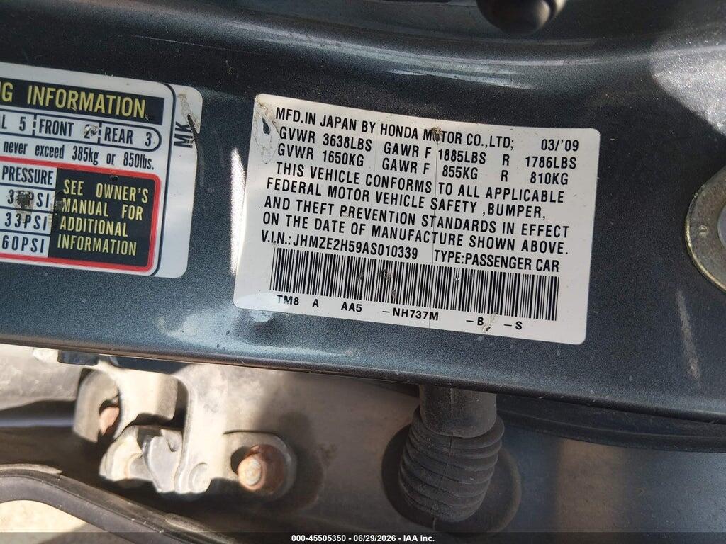 JHMZE2H59AS010339 2010 HONDA INSIGHT photo no. 9