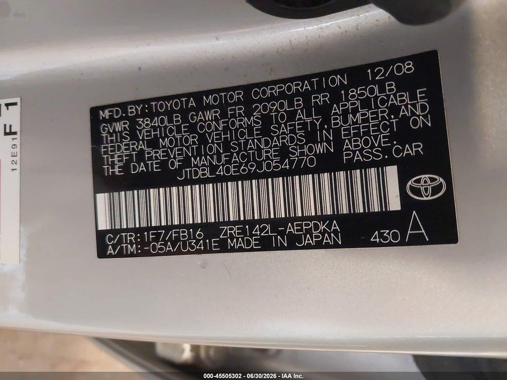JTDBL40E69J054770 2009 TOYOTA COROLLA photo no. 9