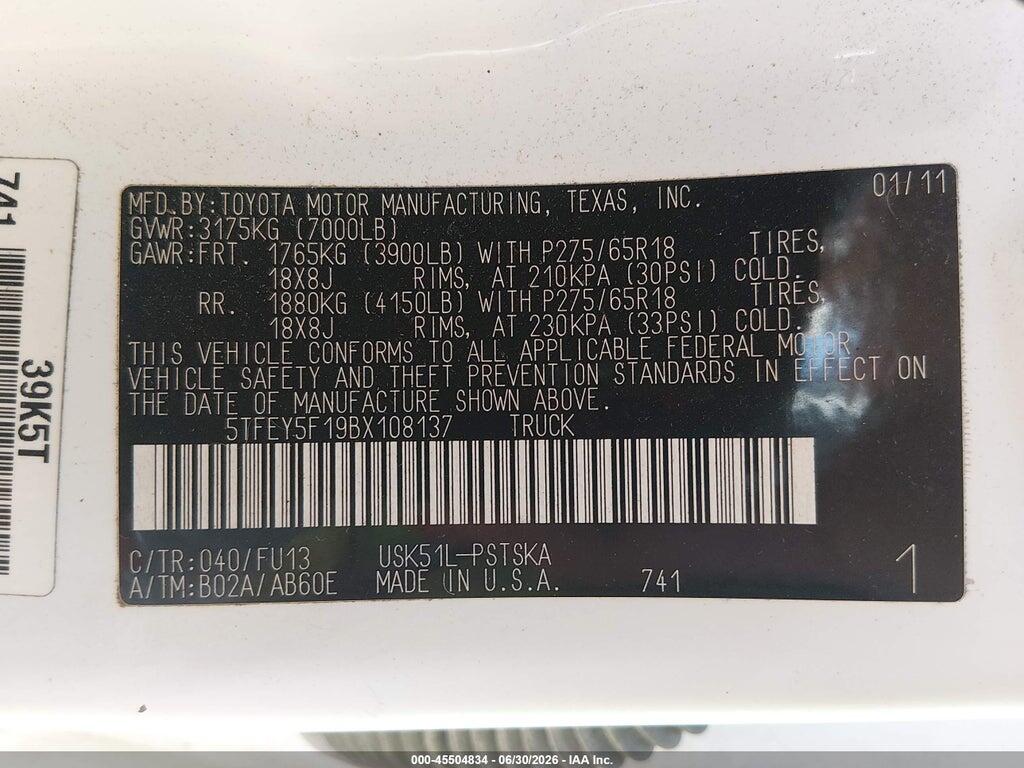 5TFEY5F19BX108137 2011 TOYOTA TUNDRA photo no. 9