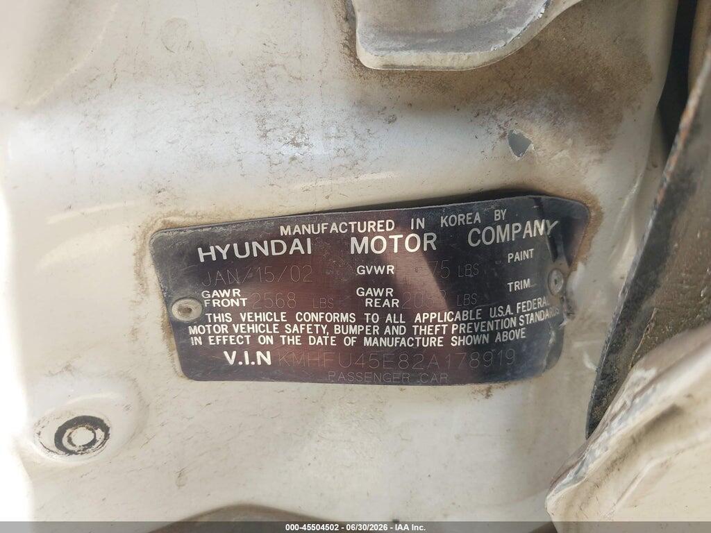KMHFU45E82A178919 2002 HYUNDAI XG350 photo no. 9