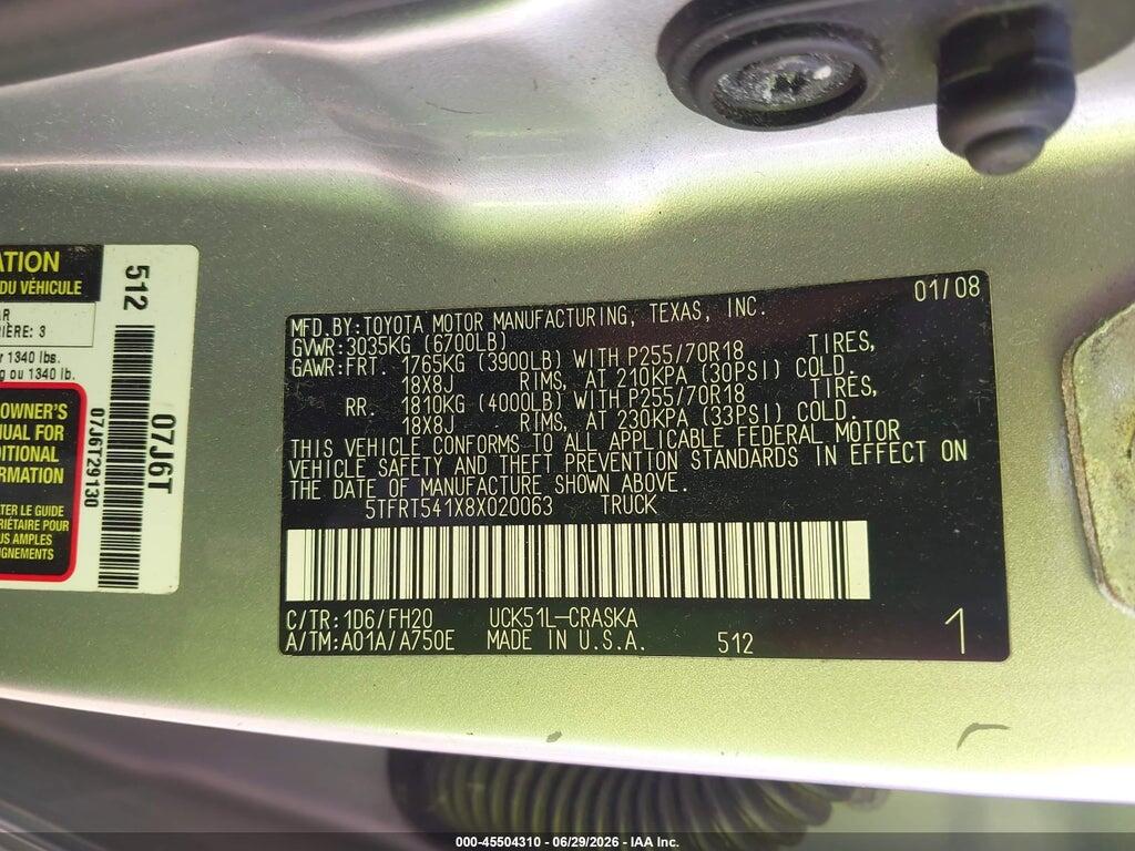 5TFRT541X8X020063 2008 TOYOTA TUNDRA photo no. 9