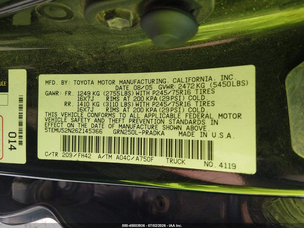 5TEMU52N26Z145366 2006 TOYOTA TACOMA photo no. 9