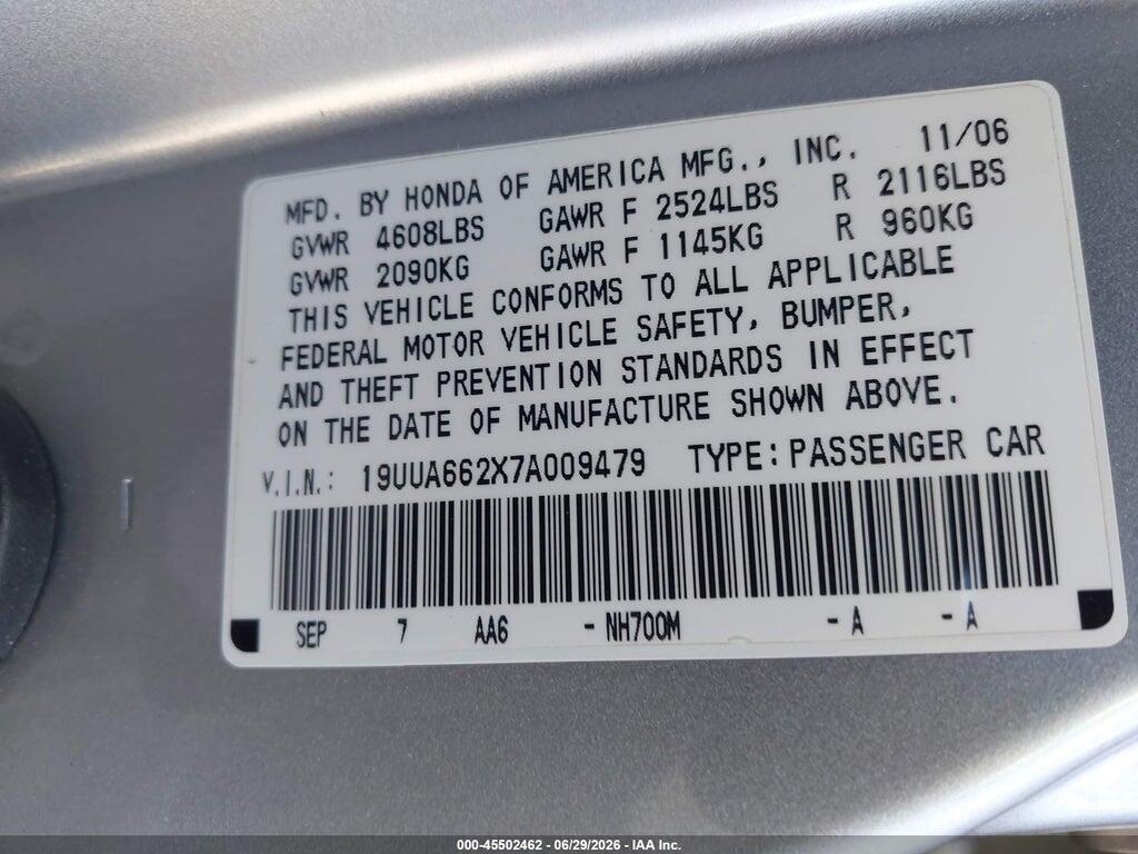 19UUA662X7A009479 2007 ACURA TL photo no. 9
