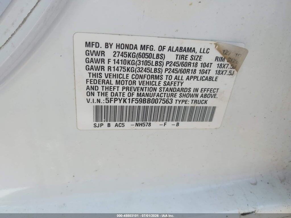 5FPYK1F59BB007563 2011 HONDA RIDGELINE photo no. 9