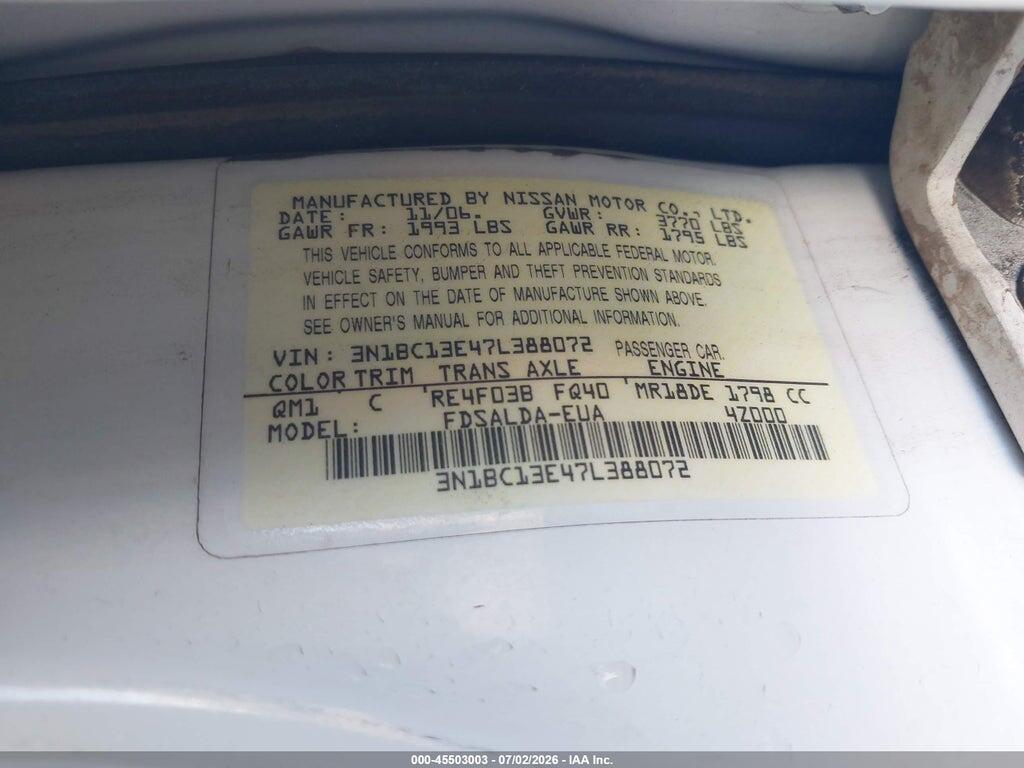 3N1BC13E47L388072 2007 NISSAN VERSA photo no. 9