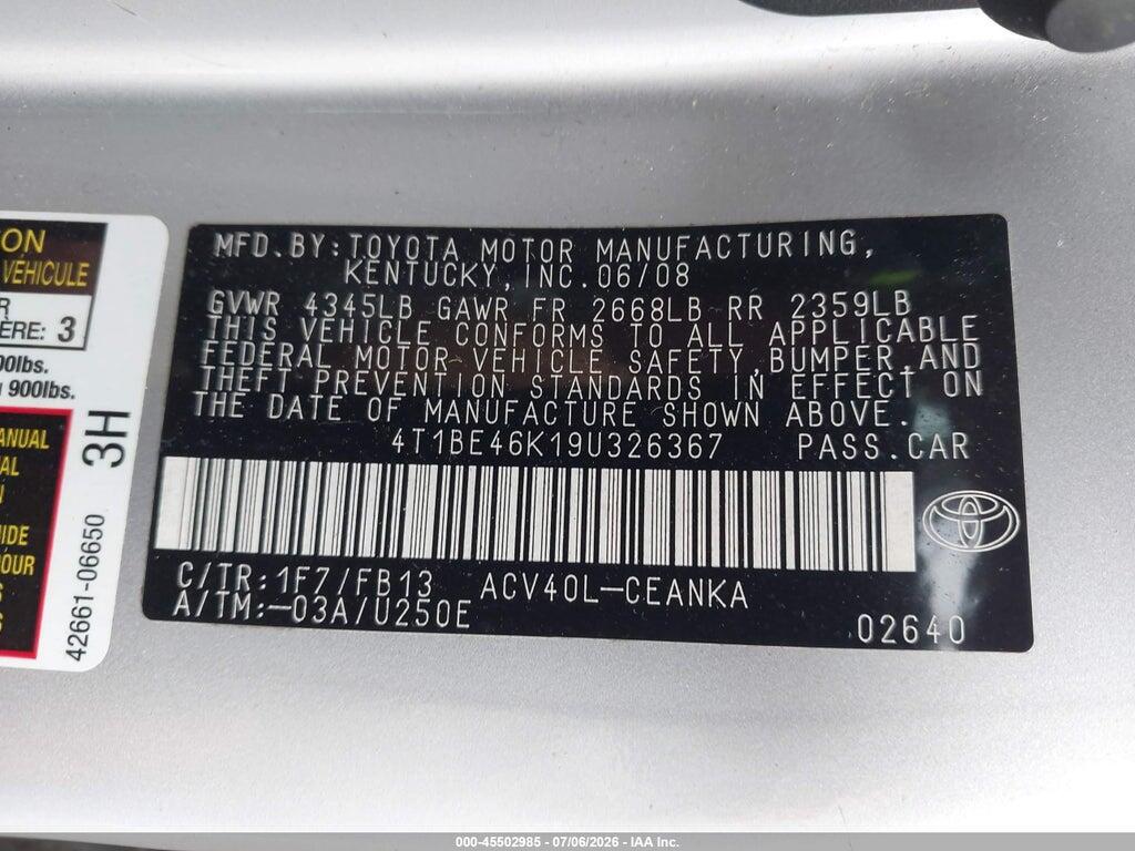 4T1BE46K19U326367 2009 TOYOTA CAMRY photo no. 9