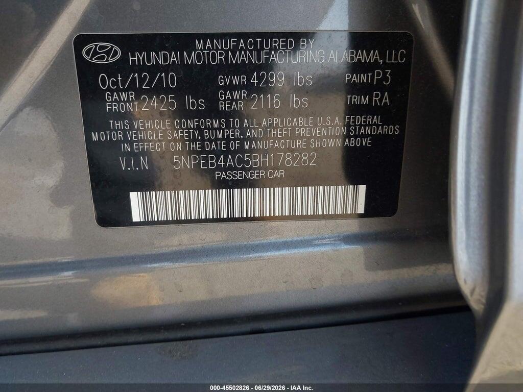 5NPEB4AC5BH178282 2011 HYUNDAI SONATA photo no. 9
