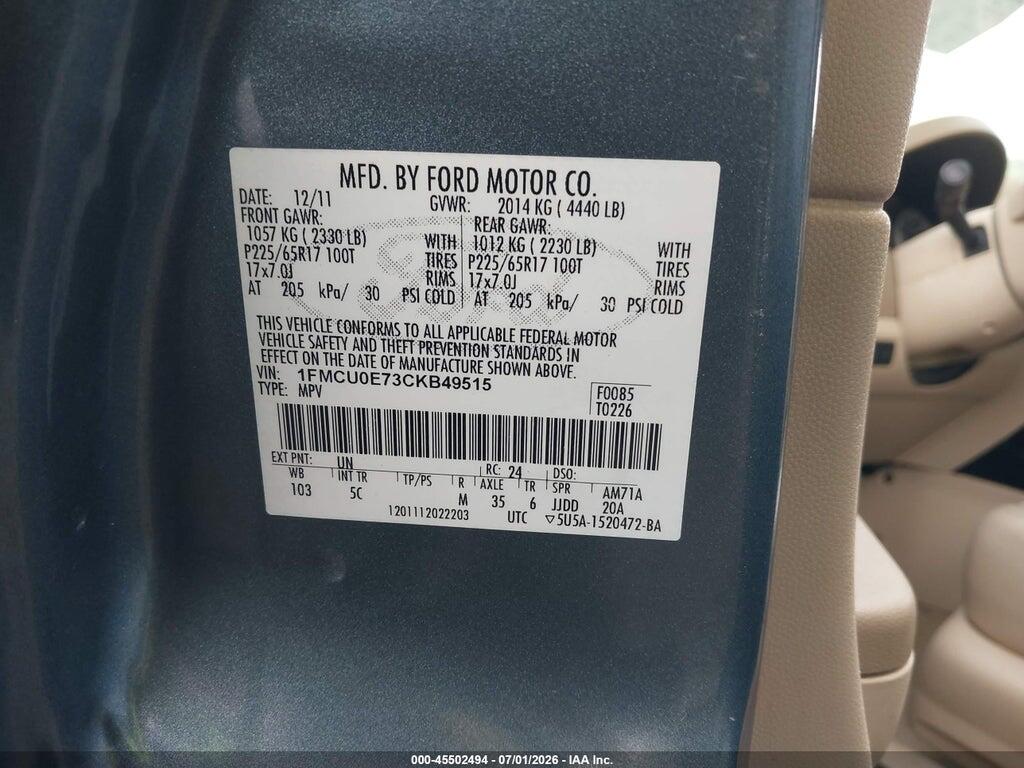 1FMCU0E73CKB49515 2012 FORD ESCAPE photo no. 9