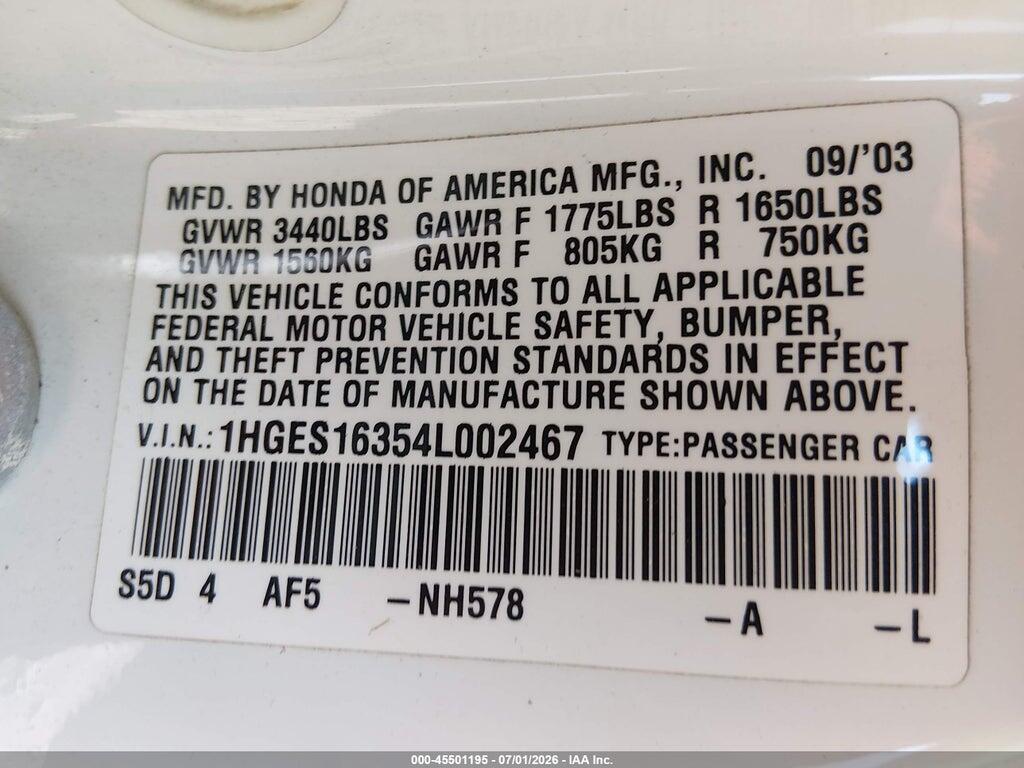 1HGES16354L002467 2004 HONDA CIVIC photo no. 9