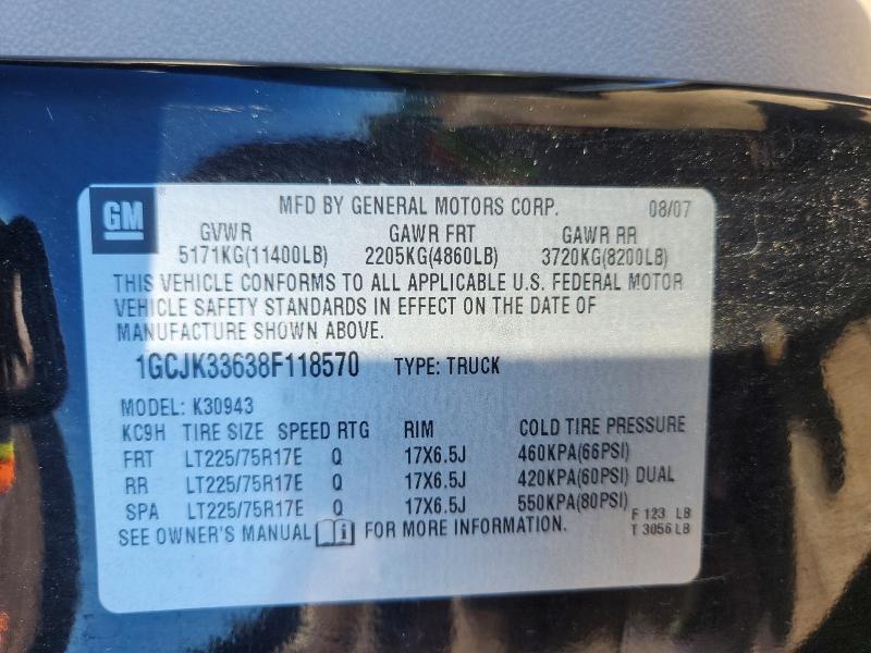 1GCJK33638F118570 2008 CHEVROLET SILVERADO photo no. 10