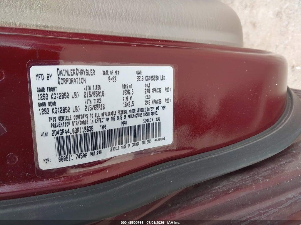 2D4GP44L03R115636 2003 DODGE GRAND CARAVAN photo no. 9