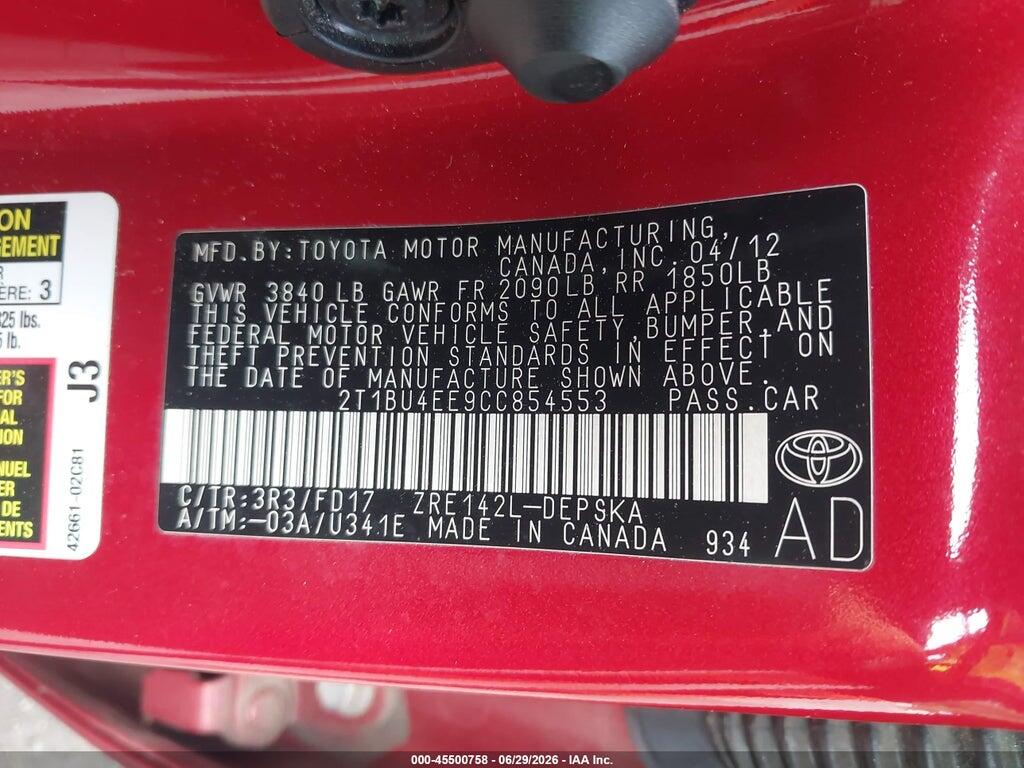 2T1BU4EE9CC854553 2012 TOYOTA COROLLA photo no. 9