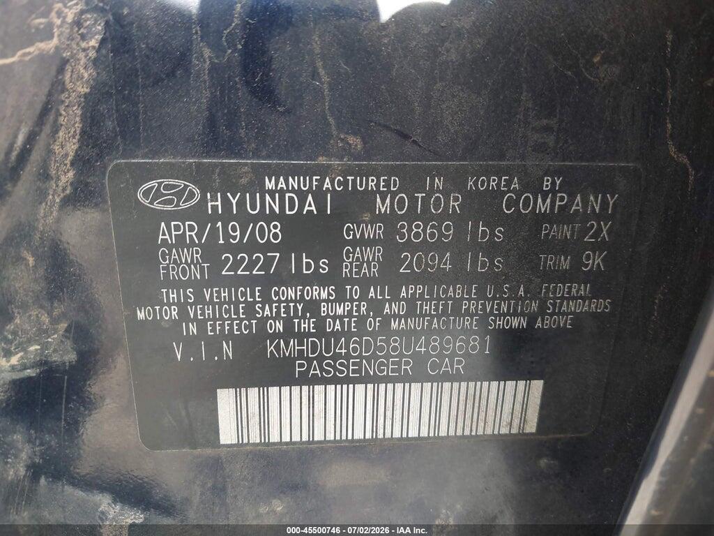 KMHDU46D58U489681 2008 HYUNDAI ELANTRA photo no. 9