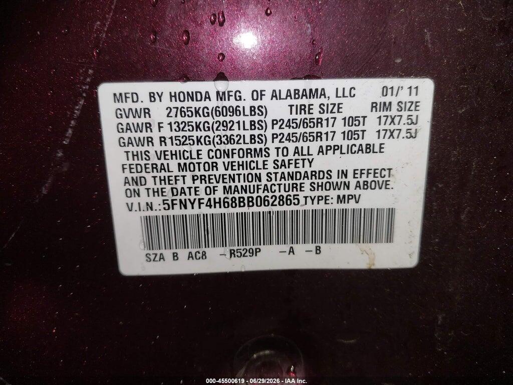 5FNYF4H68BB062865 2011 HONDA PILOT photo no. 9