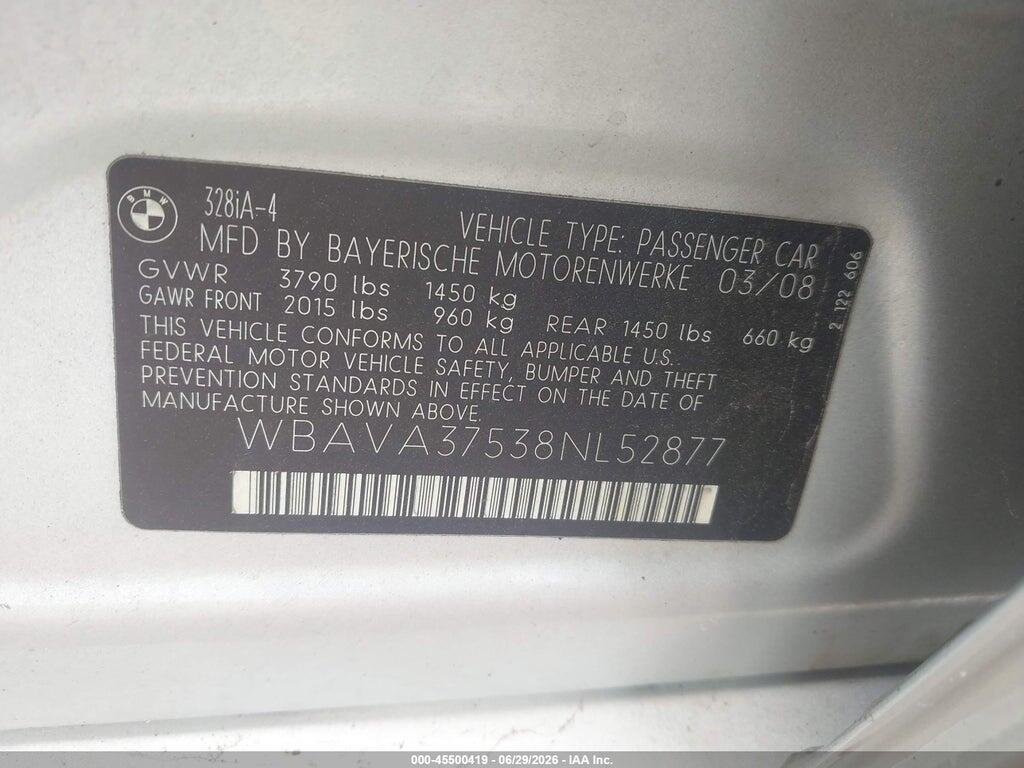 WBAVA37538NL52877 2008 BMW 328I photo no. 9