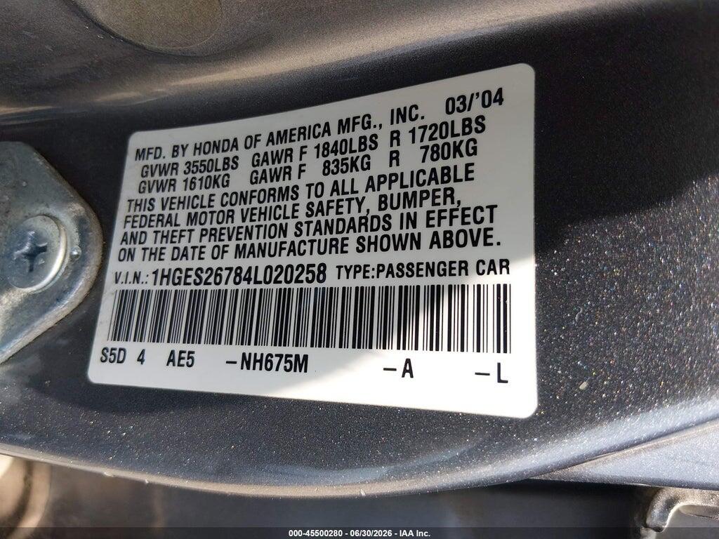 1HGES26784L020258 2004 HONDA CIVIC photo no. 9