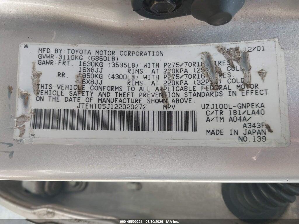 JTEHT05J122020272 2002 TOYOTA LAND CRUISER photo no. 9