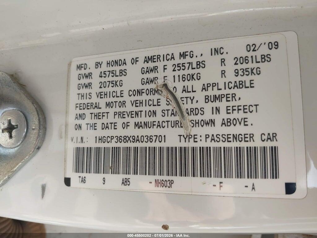 1HGCP368X9A036701 2009 HONDA ACCORD photo no. 9